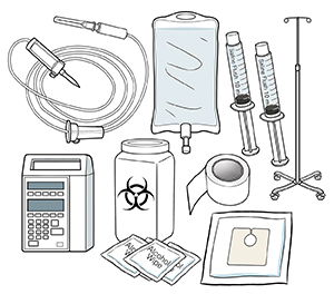 Home infusion therapy supplies including bag, pole, pump, saline syringes, tubing, needle, tape, dressing, alcohol wipes, and sharps container.