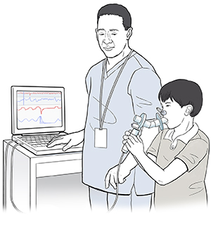 Un técnico controla la respiración de un niño en el espirómetro.